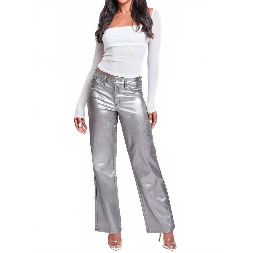 NEW YMI smoke high rise straight leg metallic pants in silver
